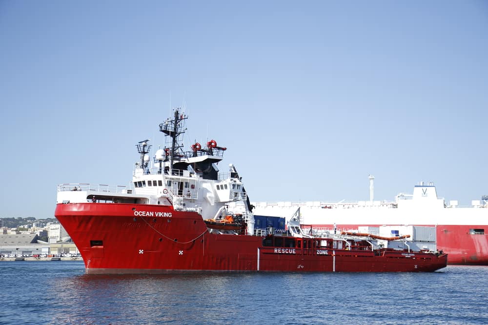 Ocean Viking in the port of Marseille Ocean Viking, a search and rescue vessel operated by SOS MEDITERRANEE and MSF, docked in Marseille, France, before heading to international waters to start lifesaving operations. July, 2019. © SANDY MCKEE/MSF
