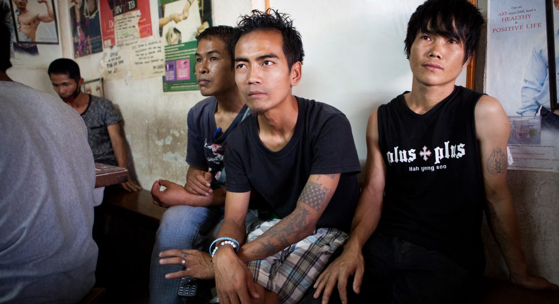 Shalom OST Patients of the opioid substitution therapy programme in Shalom hospital sit in the waiting room. MSF works with Shalom hospital, with patients receiving therapy from MSF and syringes from the hospital as part of a needle exchange programme. Manipur, India, April 2019. © JAN-JOSEPH STOK