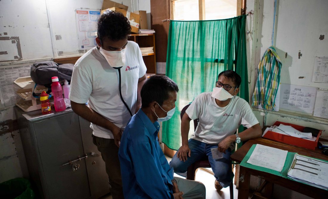 A TB patient at MSF’s Churachandpur clinic during a consultation with Dr Dwaragesh Natarajan and his translator. Manipur, India, April 2019. © JAN-JOSEPH STOK